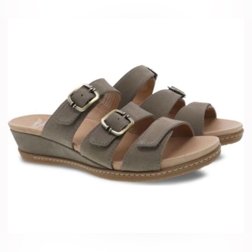 Dansko Taupe Suede Triple Strap Buckle Sandals